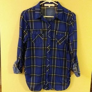Blue Plaid Button Front Ruched Maternity Shirt Top